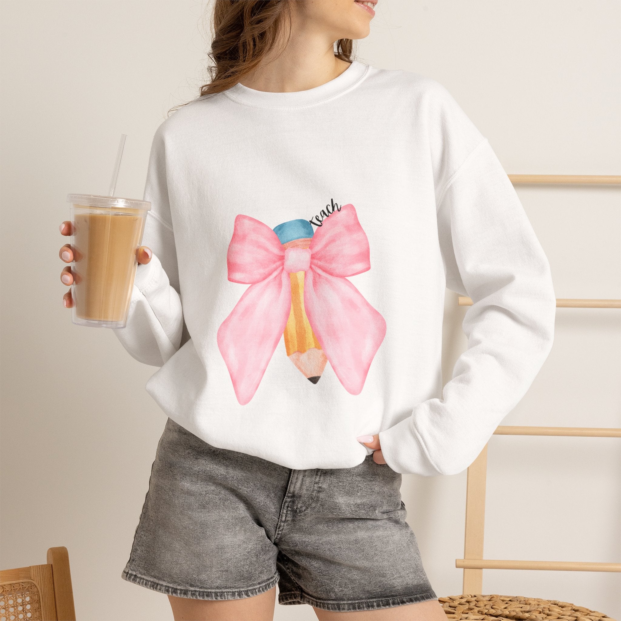 Pencil with Pink Bow Crewneck Sweatshirt — Cute Back-to-School Teacher Gift